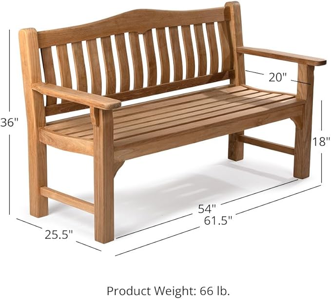Ash & Ember Hawthorne Grade A Teak 61" Bench, Seats 2-3 People Comfortably, Weather Resistant Indoor Outdoor Solid Wood Patio Furniture with Tightly Spaced Slats, Bowed Back, Armrests