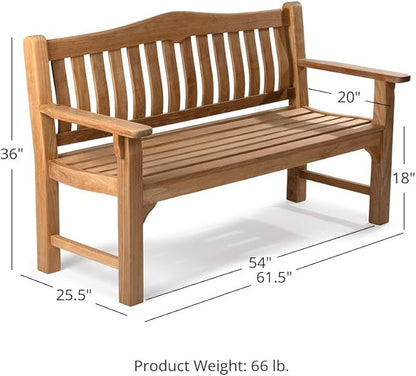 Ash & Ember Hawthorne Grade A Teak 61" Bench, Seats 2-3 People Comfortably, Weather Resistant Indoor Outdoor Solid Wood Patio Furniture with Tightly Spaced Slats, Bowed Back, Armrests