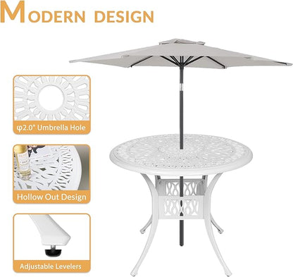 Outdoor Cast Aluminum Patio Table, 35.4” Round Bistro Table with 2” Umbrella Hole for Patio Furniture Garden Deck Backyard, White