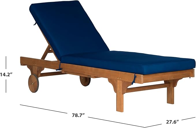 SAFAVIEH Outdoor Collection Newport Natural/ Navy Cushion Built-in Side Table Adjustable Chaise Lounge Chair