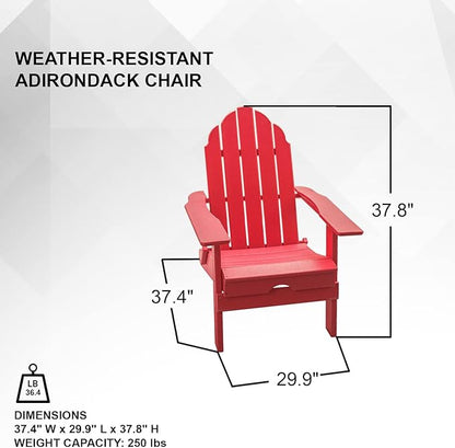 XBrand Foldable Adirondack Chair Weather Resistant, Outdoor Garden, Patio, Lawn, Deck, Backyard, 37.8" Inch Tall, Red