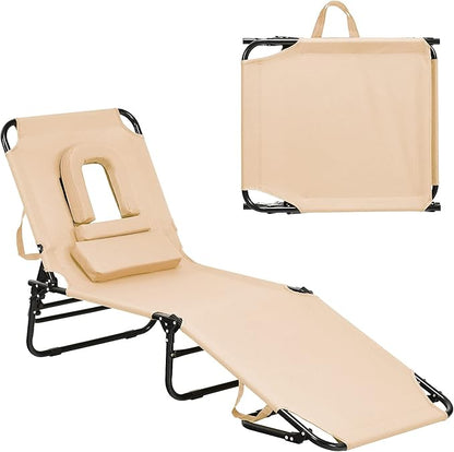 GYMAX Beach Lounge Chair, Sunbathing Chair Patio Lounge Chair Folding Adjustable Recliner with Hole for Face (1, Sand)