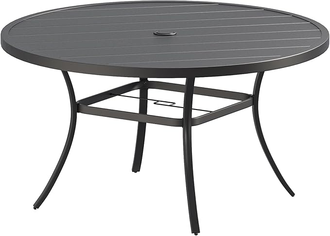 Patio Dining Table for 6-8, Round Metal Outdoor Table with 1.57" Umbrella Hole, 53" Outdoor Slat Tabletop Dining Table for Backyard, Porch, Lawn, Black