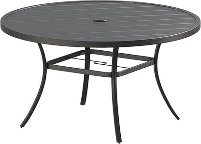 Patio Dining Table for 6-8, Round Metal Outdoor Table with 1.57" Umbrella Hole, 53" Outdoor Slat Tabletop Dining Table for Backyard, Porch, Lawn, Black