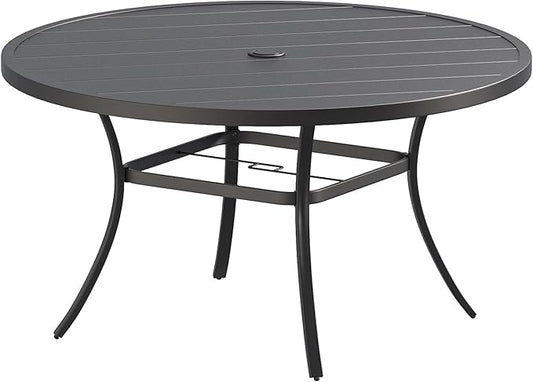 Patio Dining Table for 6-8, Round Metal Outdoor Table with 1.57" Umbrella Hole, 53" Outdoor Slat Tabletop Dining Table for Backyard, Porch, Lawn, Black