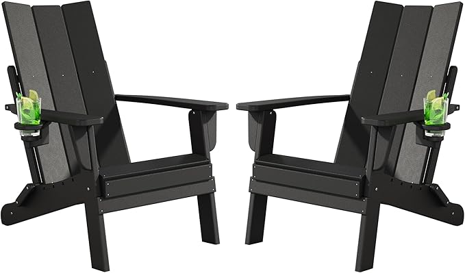 Folding Adirondack Chairs Set of 2, All-Weather Resistant HDPE Patio Firepit Chairs, Sturdy Outside Chairs with Cup Holder, Pre-Installed Lawn Chairs Load Capacity 385lb for Backyard, Black