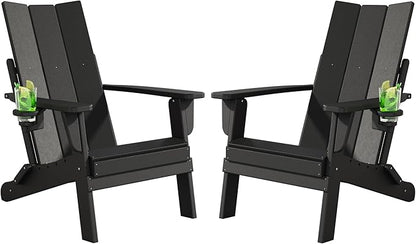 Folding Adirondack Chairs Set of 2, All-Weather Resistant HDPE Patio Firepit Chairs, Sturdy Outside Chairs with Cup Holder, Pre-Installed Lawn Chairs Load Capacity 385lb for Backyard, Black