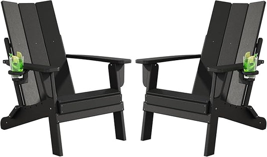 Folding Adirondack Chairs Set of 2, All-Weather Resistant HDPE Patio Firepit Chairs, Sturdy Outside Chairs with Cup Holder, Pre-Installed Lawn Chairs Load Capacity 385lb for Backyard, Black