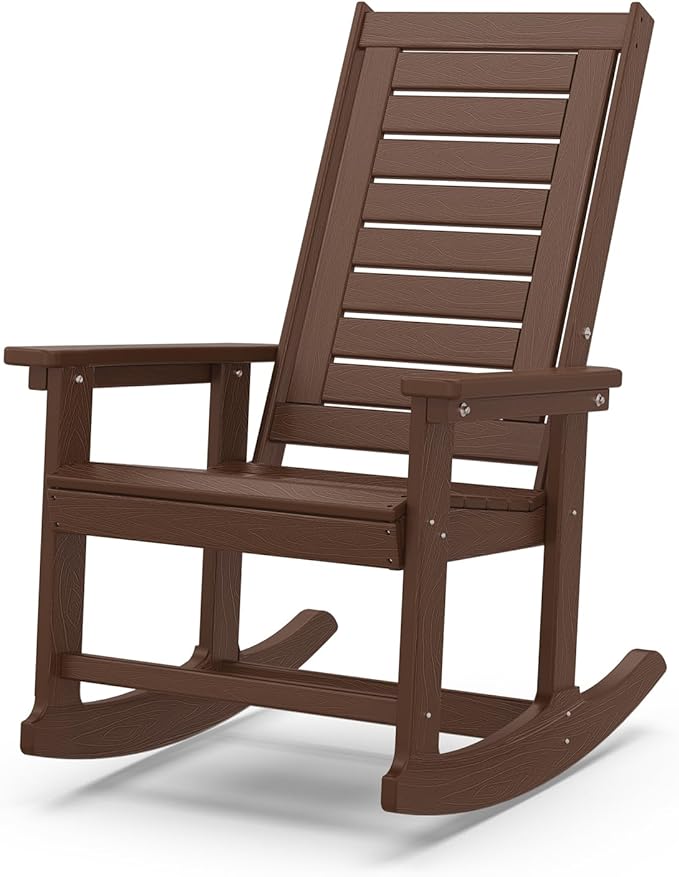IVY&LANE Rocking-Chair-Outdoor | Porch-Rocker | Dark Brown Wood Grain | HDPE Plastic | All-Weather | High Back | Wide Seat | Oversized Patio Rocker for Adult | for Outside Deck Balcony Garden