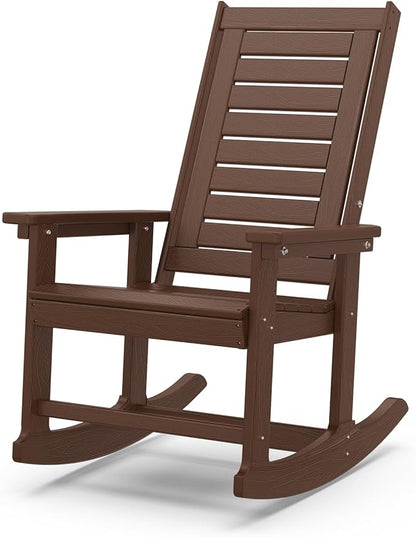 IVY&LANE Rocking-Chair-Outdoor | Porch-Rocker | Dark Brown Wood Grain | HDPE Plastic | All-Weather | High Back | Wide Seat | Oversized Patio Rocker for Adult | for Outside Deck Balcony Garden