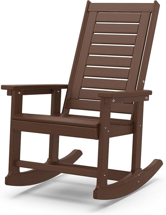 IVY&LANE Rocking-Chair-Outdoor | Porch-Rocker | Dark Brown Wood Grain | HDPE Plastic | All-Weather | High Back | Wide Seat | Oversized Patio Rocker for Adult | for Outside Deck Balcony Garden