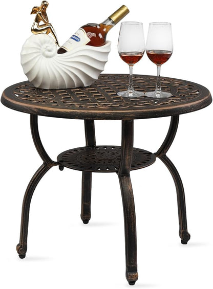 23.6” Cast Aluminum Outdoor Side Table, All Weather Round Patio Coffee Table Porch Table Outdoor Bistro Table for Indoor Garden Porch Balcony, Antique Bronze