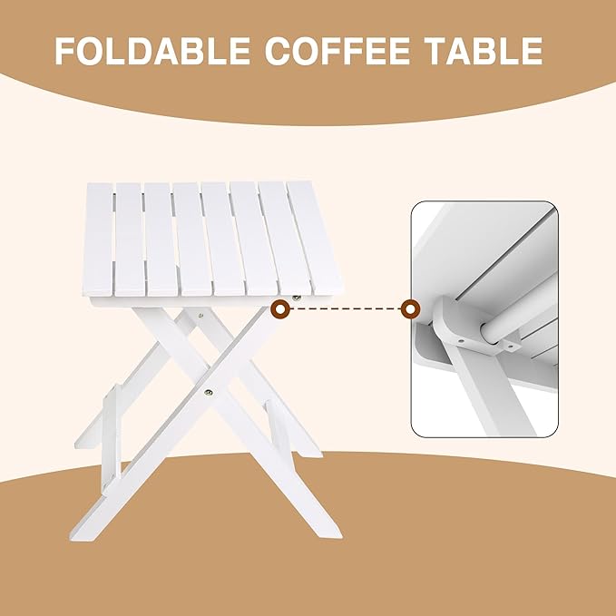 MUPATER Outdoor Rocking Chair Sets 3-Piece, Bistro Table and Chairs Set of 2,Patio Wooden Rocker Bistro Set with Foldable Table and Curved Seat, White
