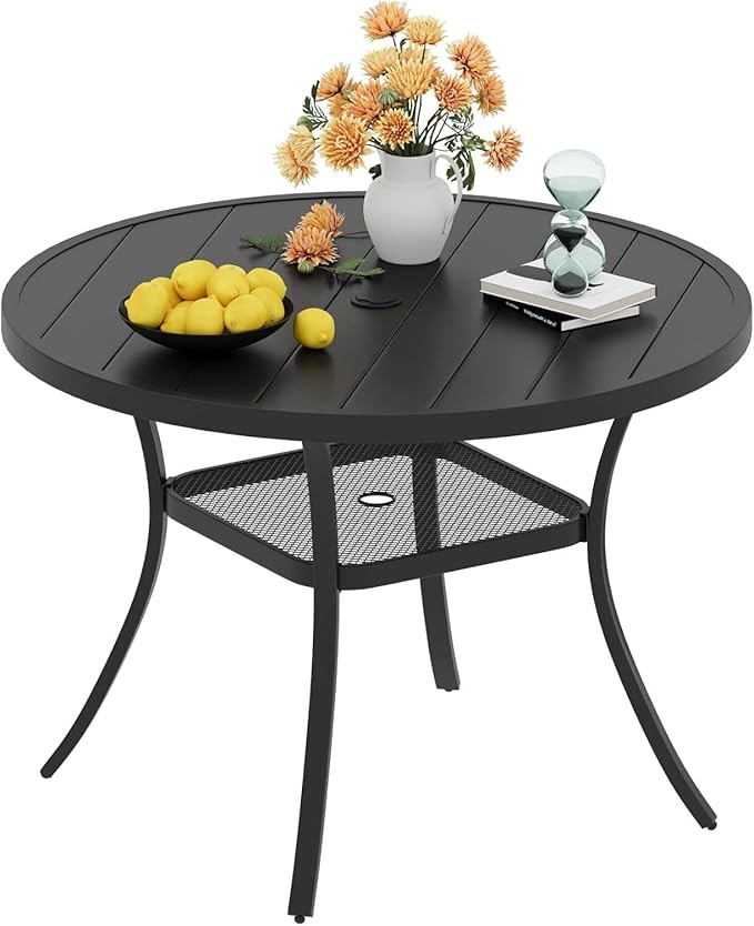 VICLLAX 40.6" Round Metal Outdoor Dining Table for 4, Patio Table with Umbrella Hole and Storage Shelf for Garden, Lawn - Photo 1