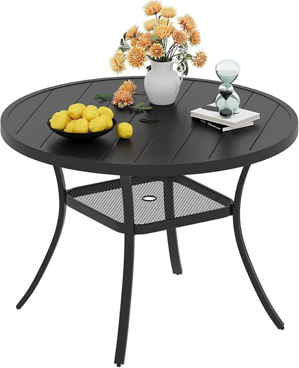 VICLLAX 40.6" Round Metal Outdoor Dining Table for 4, Patio Table with Umbrella Hole and Storage Shelf for Garden, Lawn - Photo 1