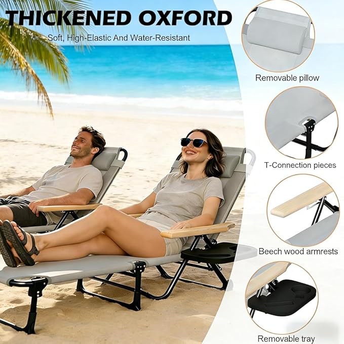Folding Outdoor Chaise Lounge Chair with Arms, 4 Reclining Back Sunbathing Lounge Chair, Sun Tanning Chairs for Outside Portable with Cup Holders for Beach Patio Camping Poolside Yard (Gray)