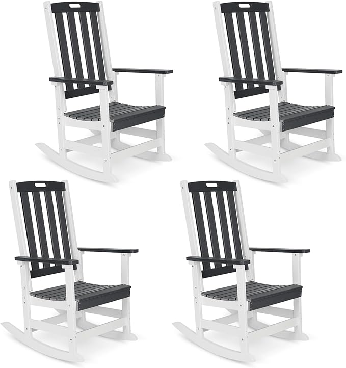 Aoodor Outdoor Rocking Chair, Ergonomic HDPE Rockers with All-Weather Design for Patio or Porch, Clashing Colors, Dark Gray and Whitev,Set of 4