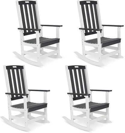Aoodor Outdoor Rocking Chair, Ergonomic HDPE Rockers with All-Weather Design for Patio or Porch, Clashing Colors, Dark Gray and Whitev,Set of 4