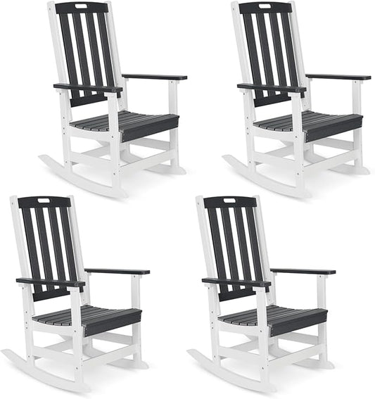 Aoodor Outdoor Rocking Chair, Ergonomic HDPE Rockers with All-Weather Design for Patio or Porch, Clashing Colors, Dark Gray and Whitev,Set of 4