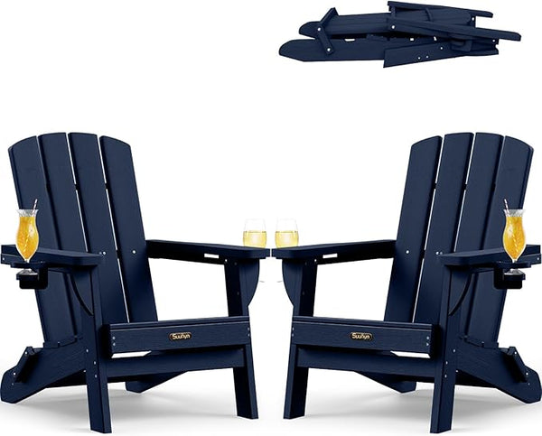 Folding Adirondack Chair 2 Pack, HDPE All-Weather Fire Pit Chairs, Plastic Adirondack Chairs with 2 Cup Holder - Photo 1