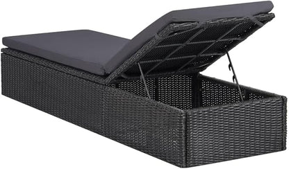 Adjustable Rattan Sunlounger Black Dark Gray 77.9 x 23.6 x 32.9 in PE-Wicker Outdoor Chaise Lounge with Removable Cushion for Patio Garden Poolside Balcony