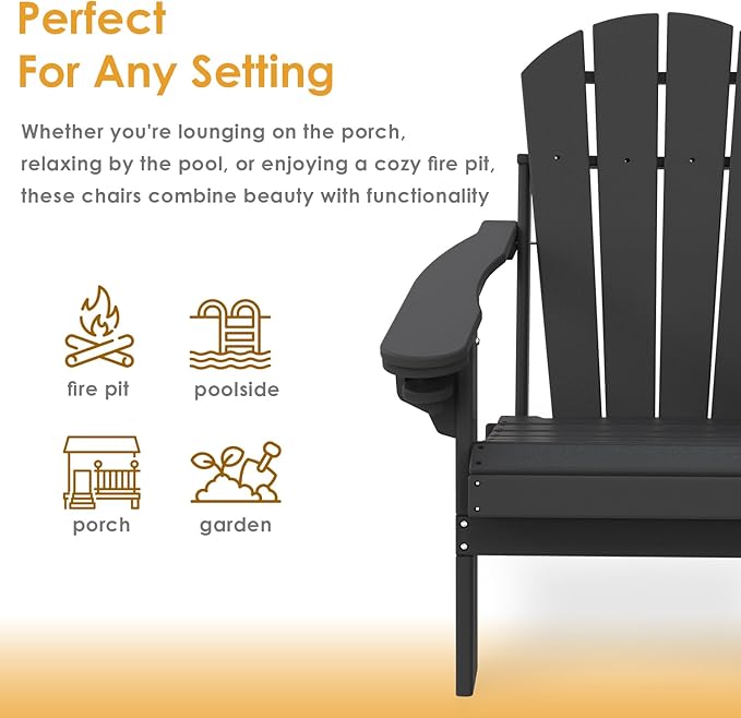 IVY&LANE Folding-Adirondack-Chairs-Set-of-2 | HDPE Plastic | Outdoor Fire Pit Chair with Cup Holder | Black | Poly | Weather Resistant | for Patio Deck Poolside Garden Beach