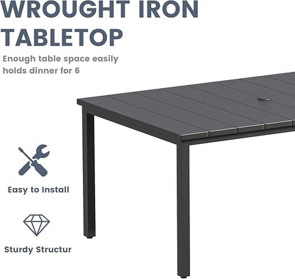 VICLLAX Outdoor Patio Dining Table for 6, 63" Rectangle Dining Table with Umbrella Hole for Porch, Backyard, Garden, Deck, Black