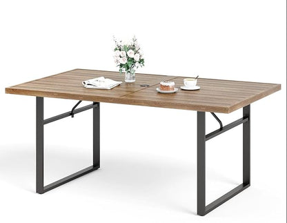 64" Patio Dining Table for 6,Teak Color Rectangle Patio Table with Umbrella Hole,E-Coating and Powder Coating Steel Frame Metal Outdoor Patio Table for Garden Backyard Lawn Yard