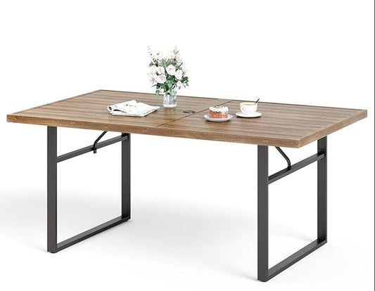 64" Patio Dining Table for 6,Teak Color Rectangle Patio Table with Umbrella Hole,E-Coating and Powder Coating Steel Frame Metal Outdoor Patio Table for Garden Backyard Lawn Yard