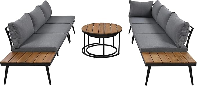 Modern Outdoor Sectional Sofa Set with Round Nesting Coffee Tables and Cushions, 6-Piece Patio Furniture Set for Porch - Photo 9