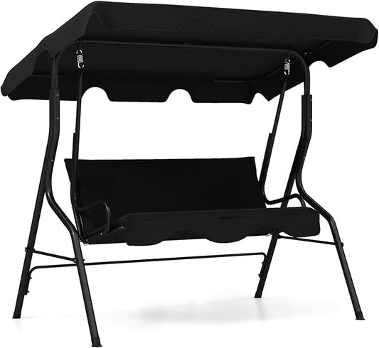 RELAX4LIFE 3-Person Porch Swing Chair - Outdoor Swing w/Adjustable Canopy, Removable Cushion & Metal Frame Stand, 3 Seat Swing Bench for Backyard Garden Poolside, Patio Swing for Adults (Black)