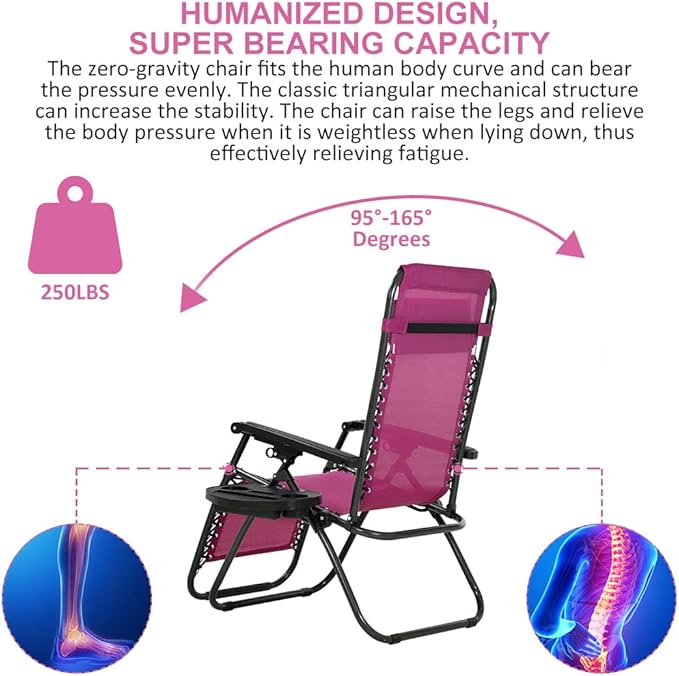Zero Gravity Chair Patio Chair Lounge Chair Chaise Set of 2 Outdoor Folding Adjustable Recliner Chair with Cup Holder Tray and Pillows for Patio, Pool, Beach, Lawn, Deck, Yard - Red