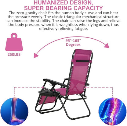 Zero Gravity Chair Patio Chair Lounge Chair Chaise Set of 2 Outdoor Folding Adjustable Recliner Chair with Cup Holder Tray and Pillows for Patio, Pool, Beach, Lawn, Deck, Yard - Red