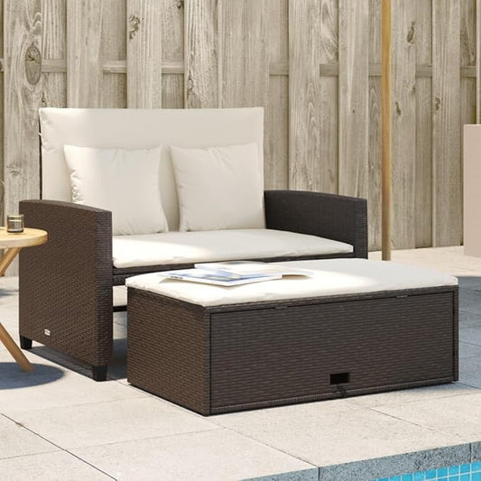 vidaXL Patio Sofa with Cushions 2-Seater, Storage Garden Bench, Patio Loveseat for Balcony Garden, Outdoor Furniture, Brown Poly Rattan