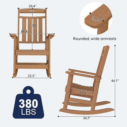 Plawdlik Oversized Outdoor Rocking Chair - All-Weather Resistant,HDPE Heavy Duty Patio Rockers with High Back - Perfect for Porch, Lawn, Garden, Modern Style,Teak