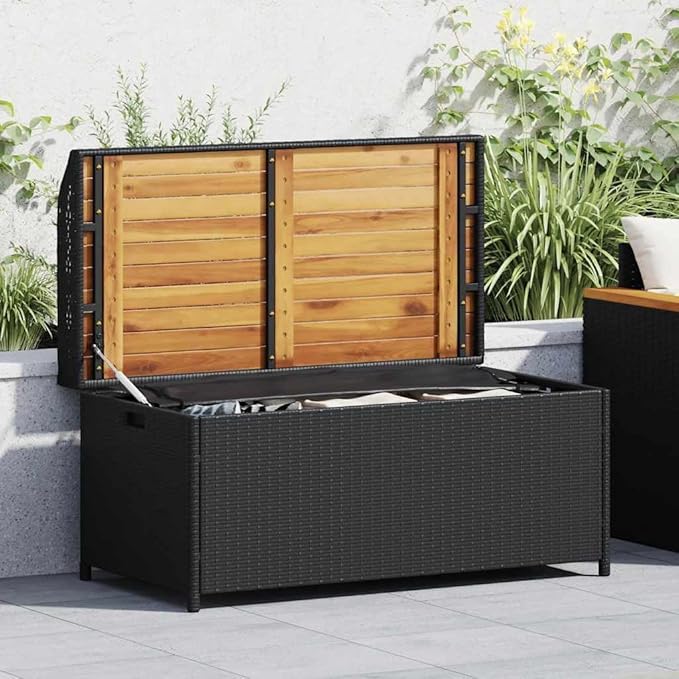 Outdoor Storage Bench with Acacia Wood Top and Synthetic Rattan, 2-Seater Black Rectangular Contemporary Patio Furniture for Garden Balcony