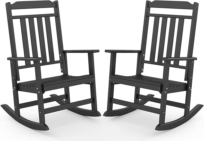 GREENVINES Outdoor-Rocking-Chairs-Set-of-2 | HDPE Plastic | Patio Rockers | Porch Rocker Chair | Oversized | High Back | Big & Tall | Black