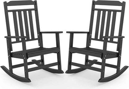 GREENVINES Outdoor-Rocking-Chairs-Set-of-2 | HDPE Plastic | Patio Rockers | Porch Rocker Chair | Oversized | High Back | Big & Tall | Black