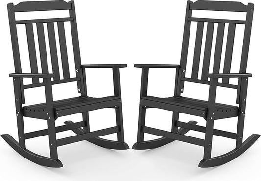 GREENVINES Outdoor-Rocking-Chairs-Set-of-2 | HDPE Plastic | Patio Rockers | Porch Rocker Chair | Oversized | High Back | Big & Tall | Black