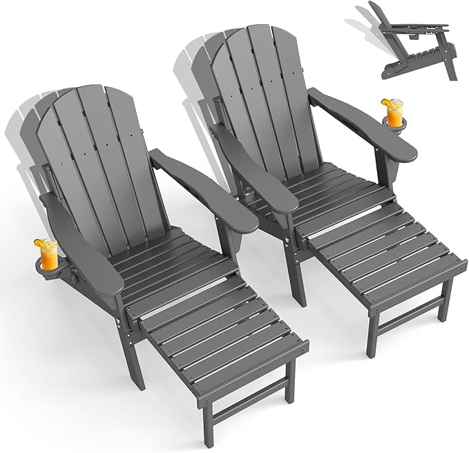 GREENVINES Adjustable Adirondack Chair with Retractable Ottoman Set of 2 | Folding | HDPE Plastic | Fire Pit Chairs w/Foot Rest | 2 Cup Holders | Grey | for Outdoor Patio Poolside Deck
