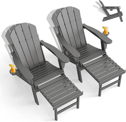GREENVINES Adjustable Adirondack Chair with Retractable Ottoman Set of 2 | Folding | HDPE Plastic | Fire Pit Chairs w/Foot Rest | 2 Cup Holders | Grey | for Outdoor Patio Poolside Deck