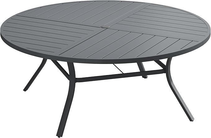 Patio Dining Table for 8-10, Round Metal Outdoor Table with Storage Shelf, 1.57" Umbrella Hole, 60" Outdoor Quartered Tabletop Dining Table for Backyard, Porch, Lawn, Dark Grey
