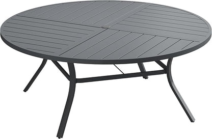 Patio Dining Table for 8-10, Round Metal Outdoor Table with Storage Shelf, 1.57" Umbrella Hole, 60" Outdoor Quartered Tabletop Dining Table for Backyard, Porch, Lawn, Dark Grey