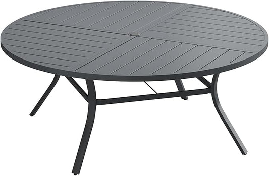 Patio Dining Table for 8-10, Round Metal Outdoor Table with Storage Shelf, 1.57" Umbrella Hole, 60" Outdoor Quartered Tabletop Dining Table for Backyard, Porch, Lawn, Dark Grey