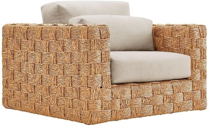 Modway Thames Wicker Rattan Outdoor Armchair - Natural Light Gray, UV-Resistant Deep-Seating Accent Chair with Cushion and Lumbar Pillow, Basket-Weave Patio Accent Chair for Backyard, Deck