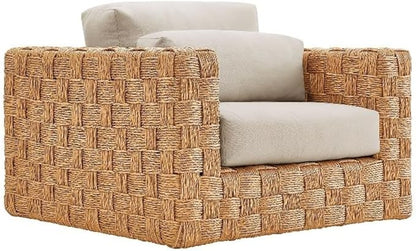 Modway Thames Wicker Rattan Outdoor Armchair - Natural Light Gray, UV-Resistant Deep-Seating Accent Chair with Cushion and Lumbar Pillow, Basket-Weave Patio Accent Chair for Backyard, Deck