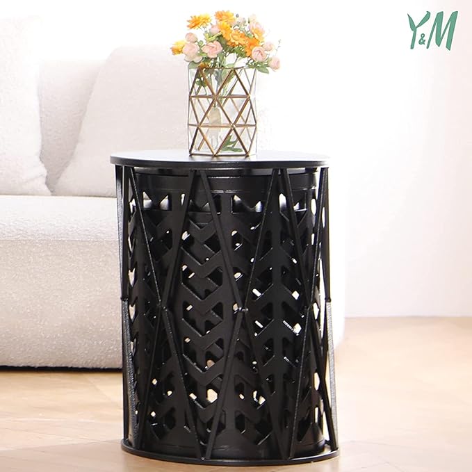 Y&M Set of 3 Black End Tables, Nesting Metal Round Coffee Table, Heavy Duty Meta Plant Stand Decorative Garden Stool, Outdoor Multifunctional Use