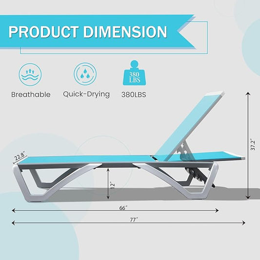 Domi Outdoor Lounge Chair, Aluminum Lounge Chair for Outside with 5 Position Adjustable Backrest, Outdoor Chaise Lounge for Beach, Yard, Balcony, Poolside(1 Turquoise Blue Chair W/O Table)
