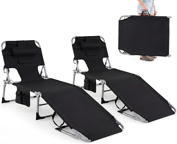 GYMAX Tanning Chair with Face Hole, Sun Bathing Lounge Chairs for Outside with Side Pocket, Folding Portable Face Down Layout Tanning Chair Beach, Backyard, Poolside, Lawn (Black,2)