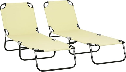 Outsunny 2 Piece Folding Chaise Lounge Pool Chairs, Outdoor Sun Tanning Chairs with 5-Level Reclining Back, Steel Frame for Beach, Yard, Patio, Beige